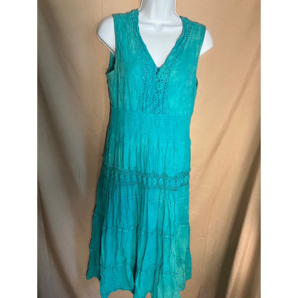 S.R. Fashions Midi Dress Women Large Turquoise Excellent Boho Crochet Tiered